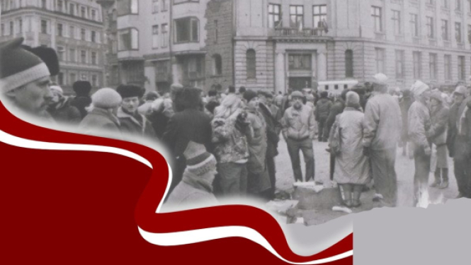 Afiša ar valsts karogu noformējumu, kā arī fotoattēlu no barikāžu laika 