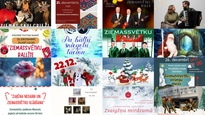 Ziemassvētku brīvdienu notikumu afišu kolāža