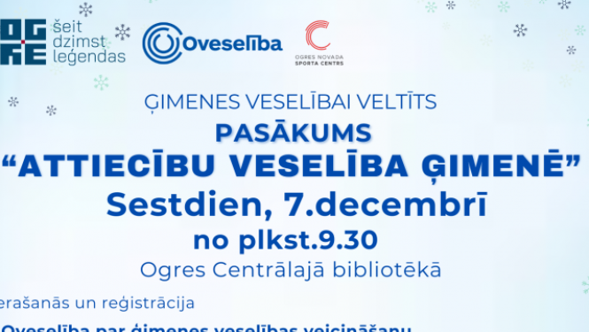 Uz afišas redzami pasākuma lektori, afiša gaiši zila Ziemassvētku noformējumā