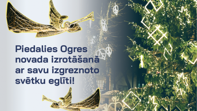 Afiša Ziemassvētku egļu stāstu akcijai. Labajā pusē izrotāta un mirdzoša Ziemassvētku egle, kreisajā pusē starp tekstu eņģeļi, kas pūš taures