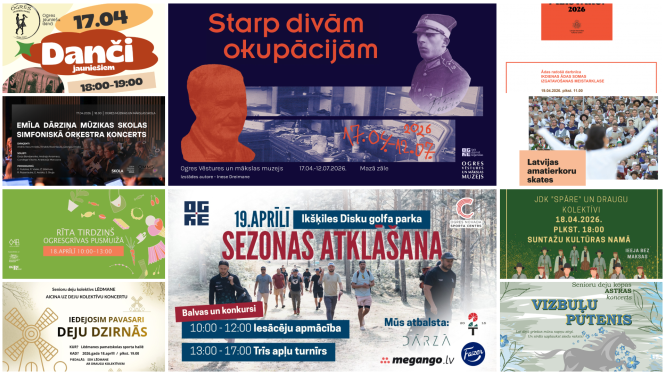 Afišu kolāža pasākumiem Ogres novadā no 2026. gada 17. līdz 19. aprīlim