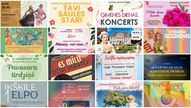 Nedēļas nogales pasākumu afišu kolāža