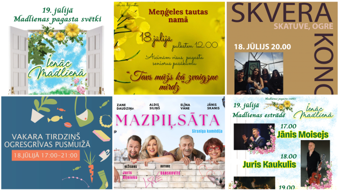 Nedēļas nogales pasākumu afišu kolāža