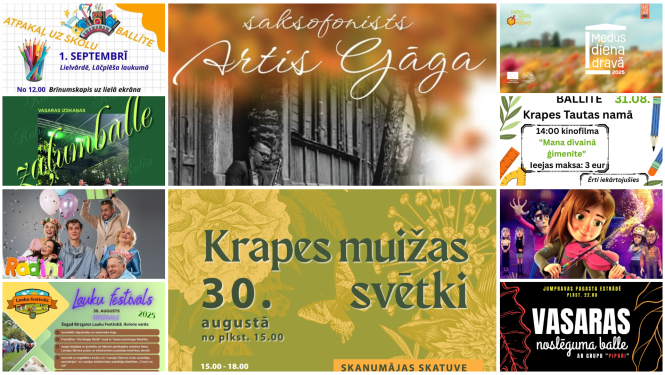 Afišu kolāža pasākumiem Ogres novadā no 29. augustam līdz 1. septembrim