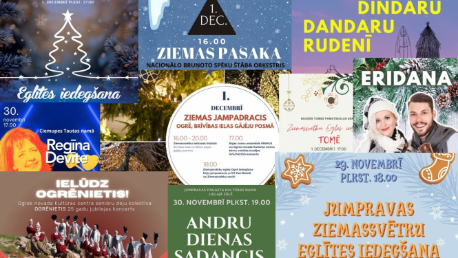 Afišu kolāža nedēļas nogales notikumu apkopojumam