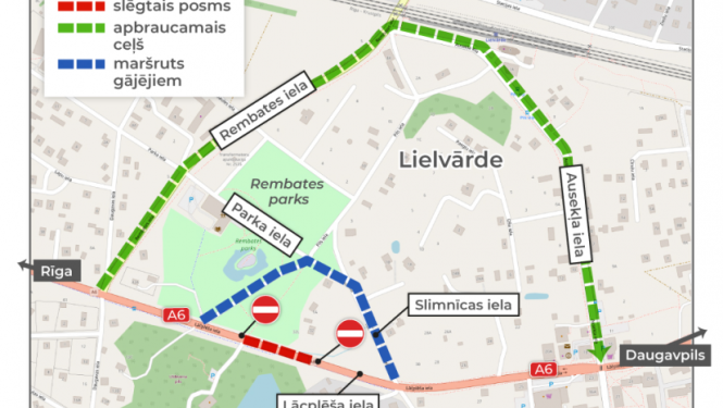 Apbraucamo ceļu shēmas Daugavpils šosejas Lielvārdē pārbūves laikā līdz 3.maijam.