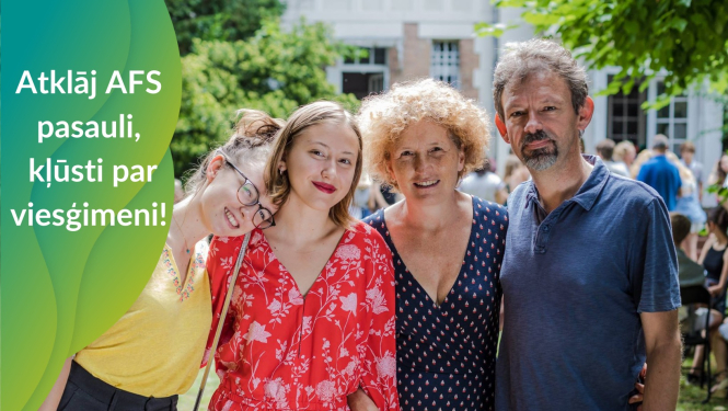 Attēls ar ģimeni, aicinājums kļūt par viesģimenēm skolēniem