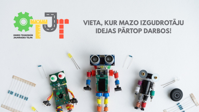 Aicinām pieteikties uz Ogres Tehniskās Jaunrades Telpas programmām. Attēls ar robotiņiem