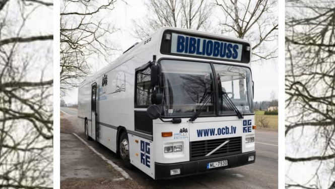 Bibliobuss uz asfaltēta lauku ceļa