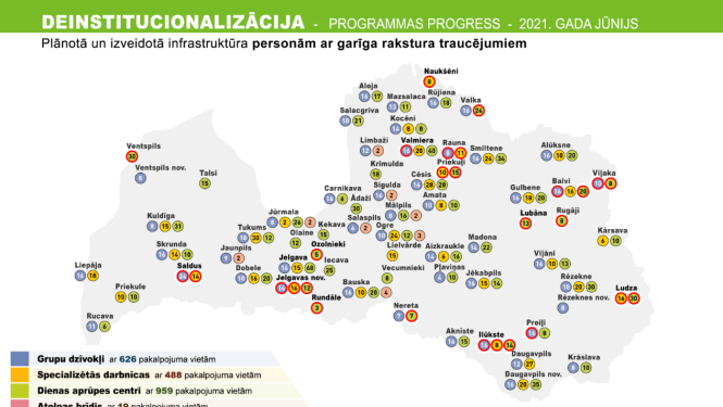 Latvijas karte ar iezīmētu plānoto un izveidoto infrastruktūru personām ar garīga rakstura traucējumiem