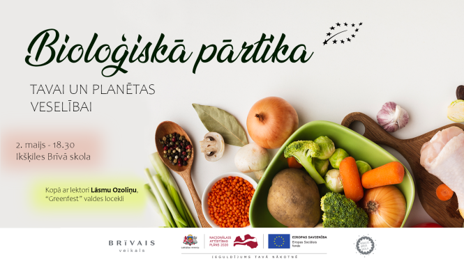 Veselīga dzīvesveida lekcija "Bioloģiskā pārtika - tavai un planētas veselībai" plakāts