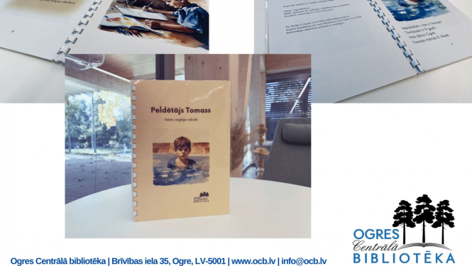 Bilžu kolāža at attēliem no grāmatiņas vieglajā valodā, ko sagatavojusi Ogres Centrālā bibliotēka