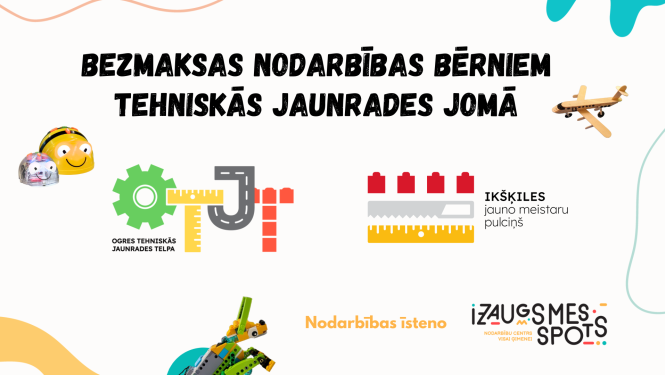 Afiša bezmaksas nodarbībām bērniem tehniskās jaunrades jomā