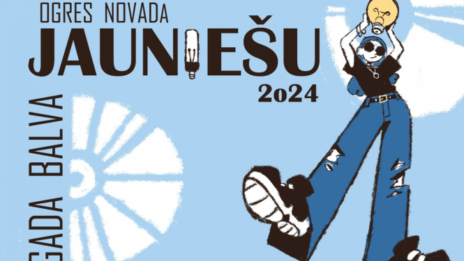 Baneris Ogres novada Jauniešu gada balvai 2024. Zīmēta meitene biksēs un saulesbrillēs, kas virs galvas tur dzeltenu spuldzīti 