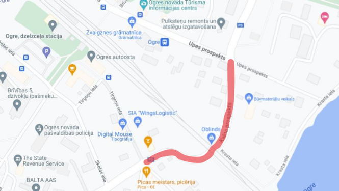 Kalna prospekts Ogrē, kartē iezīmēts posms, kurā notiks frēzēšanas darbi