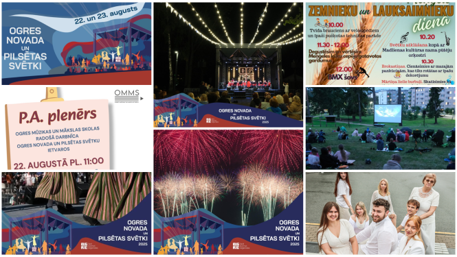Afišu kolāža pasākumiem Ogres novadā 2025.gada 22. un 23. augustā 