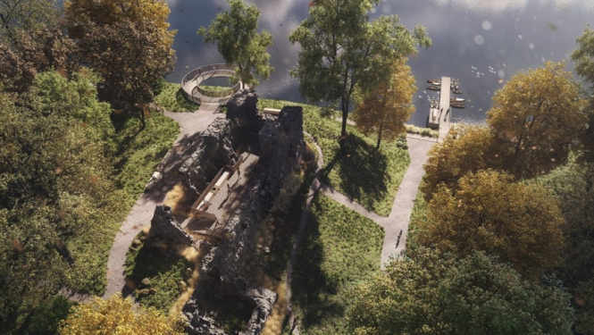 Lielvārdes parka mets - skats no augšas vasarā, zaļi koki, Daugava