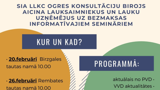 Aicina uz semināriem par aktuālo informāciju lauku uzņēmējiem 2020. gadā