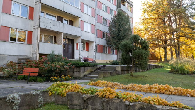 Nams Ogrē, Meža prospektā 6, kurš piedalījās konkursā par sakoptāko pagalmu, fonā rudens un saules iekrāsoti dzelteni koki