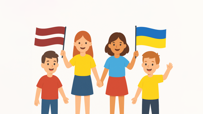 Ogres novada Izglītības pārvalde izsludina pieteikšanos uz Ukrainas un Latvijas bērnu un jauniešu nometņu organizēšanu. Attēlā bērni un pieaugušie ar Latvijas un Ukrainas karodziņiem