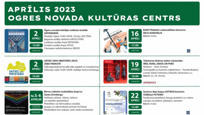 Ogres novada Kultūras centra pasākumu saraksts 2023. gada aprīlī