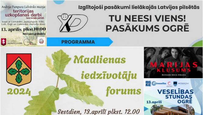 Pasākumi Ogres novadā plakātu kolāža 04.2024.