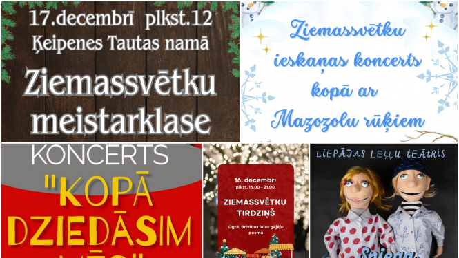 Ogres novada pasākumu decembrī plakātu kolāža 12.2023.