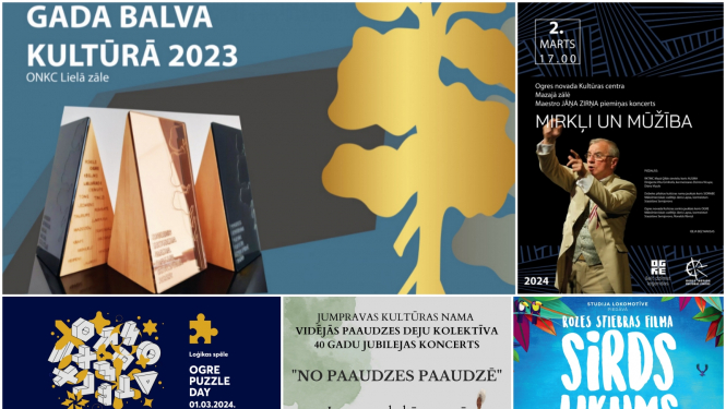 Pasākumi Ogres novadā plakātu kolāža 02.2024.