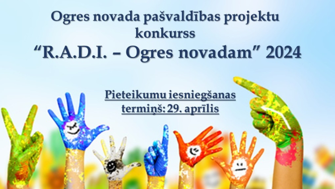 Paceltas vairākas krāsainas plaukstas ar uzzīmētām sejām, projektu konkurss “R.A.D.I. – Ogres novadam” 2024 