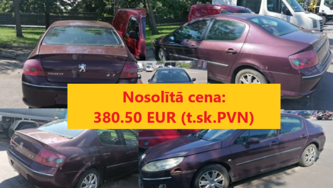 Automašīnas Peugeot 407 izsoles rezultāts - nosolītā cena 380,50 eur, fonā automašīnas fotogrāfiju kolāža