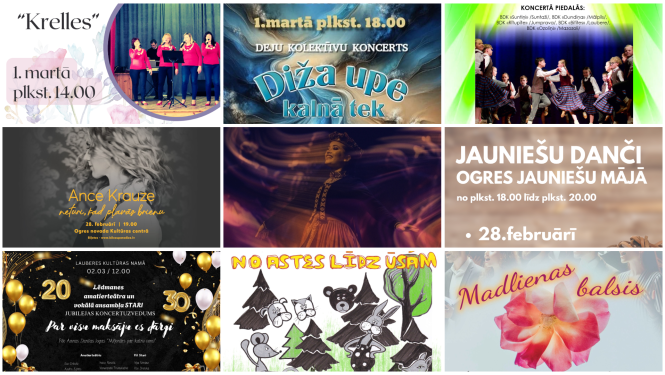 Nedēļas nogales pasākumu afišu kolāža