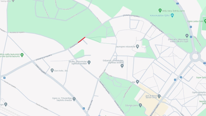 Ogres pilsētas karte ar iezīmētu remontdarbu veikšanas vietu