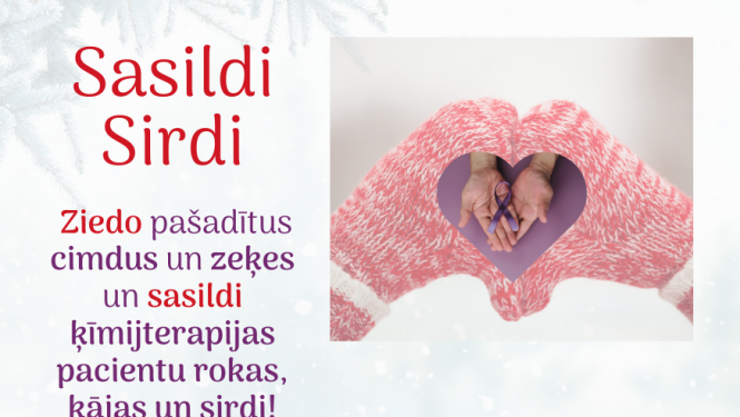 Rokas cimdiņos veido sirdi, sirds iekšpusē plaukstas, kuras tur atbalsta vēža slimniekiem simbolu - lentīti