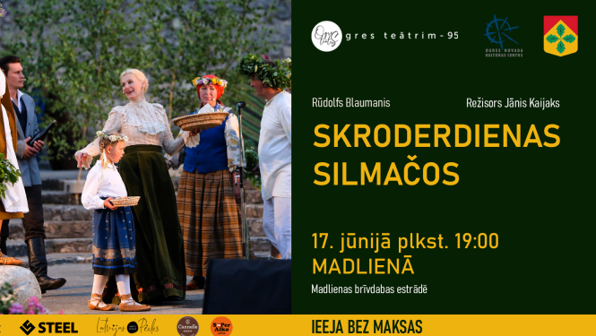 Plakāts teātra izrādei "Skroderdienas Silmačos" Madlienā