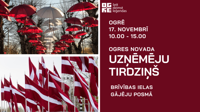 Sarkani un balti lietussargi, Latvijas karogi uz sarkana fona.