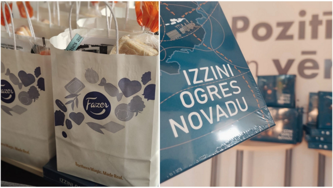 Attēlu kolāža: SIA Fazer Latvia maisiņi ar produktiem un spēle Izzini Ogres novadu