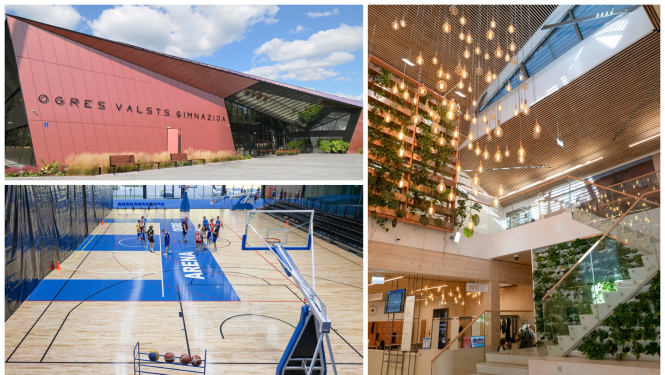 Kolāža ar Ogres Valsts ģimnāzijas fasādi, sporta arēnas zāli un Ogres Centrālās bibliotēkas iekštelpām
