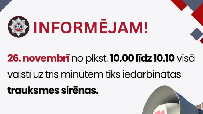 Plakāts ar skaļruni par trauksmes sirēnu pārbaudi