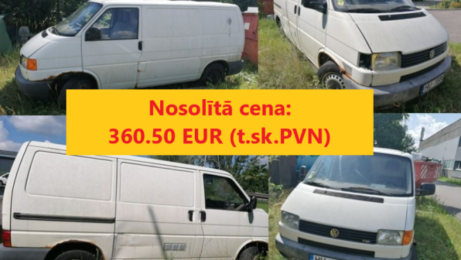 Automašīnas VolksWagen Transporter izsoles rezultāts. Nosolītā cena 360,50 eur. Fonā kolāža no automašīnas fotoattēliem