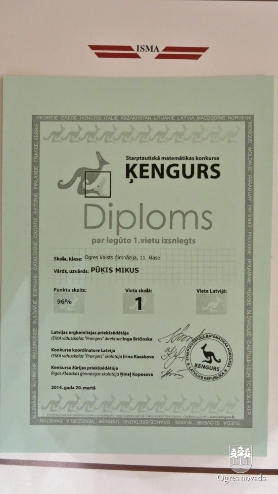 Ogres Valsts ģimnāzijas skolēniem augsti rezultāti matemātikas un ZPD konkursā