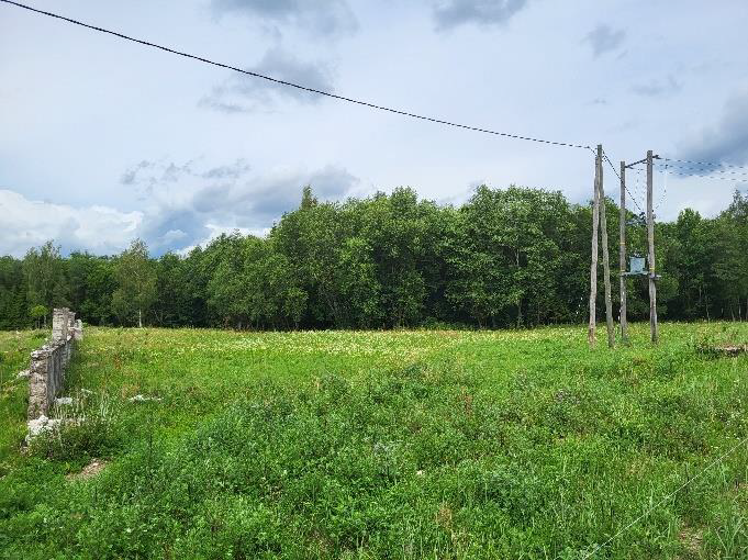 Zemes gabals - pļava ar elektrības stabiem un mūra paliekām