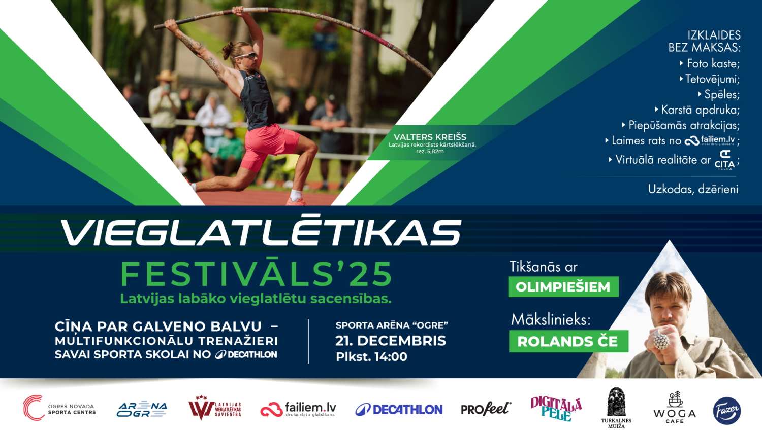 Afiša vieglatlētikas festivālam 2025, kas notiks 21.decembrī. Uz afišas kārtslēcējs un pasākuma vadītājs Rolands Čē