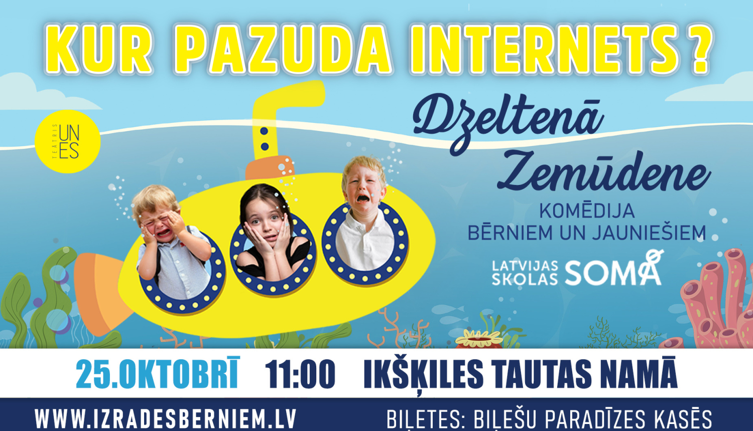 Afiša izrādei ar zīmētu dzeltenu zemūdeni un bērniem tās iluminatoros