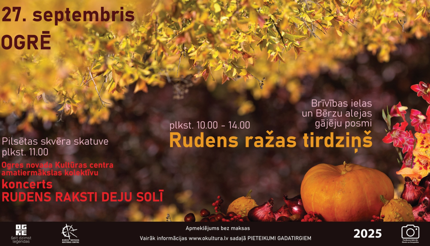 Rudens ražas tirdziņš Ogrē 27.septembrī no plkst.10.00-14.00. Attēlā rudens lapas un rudens dārzeņi
