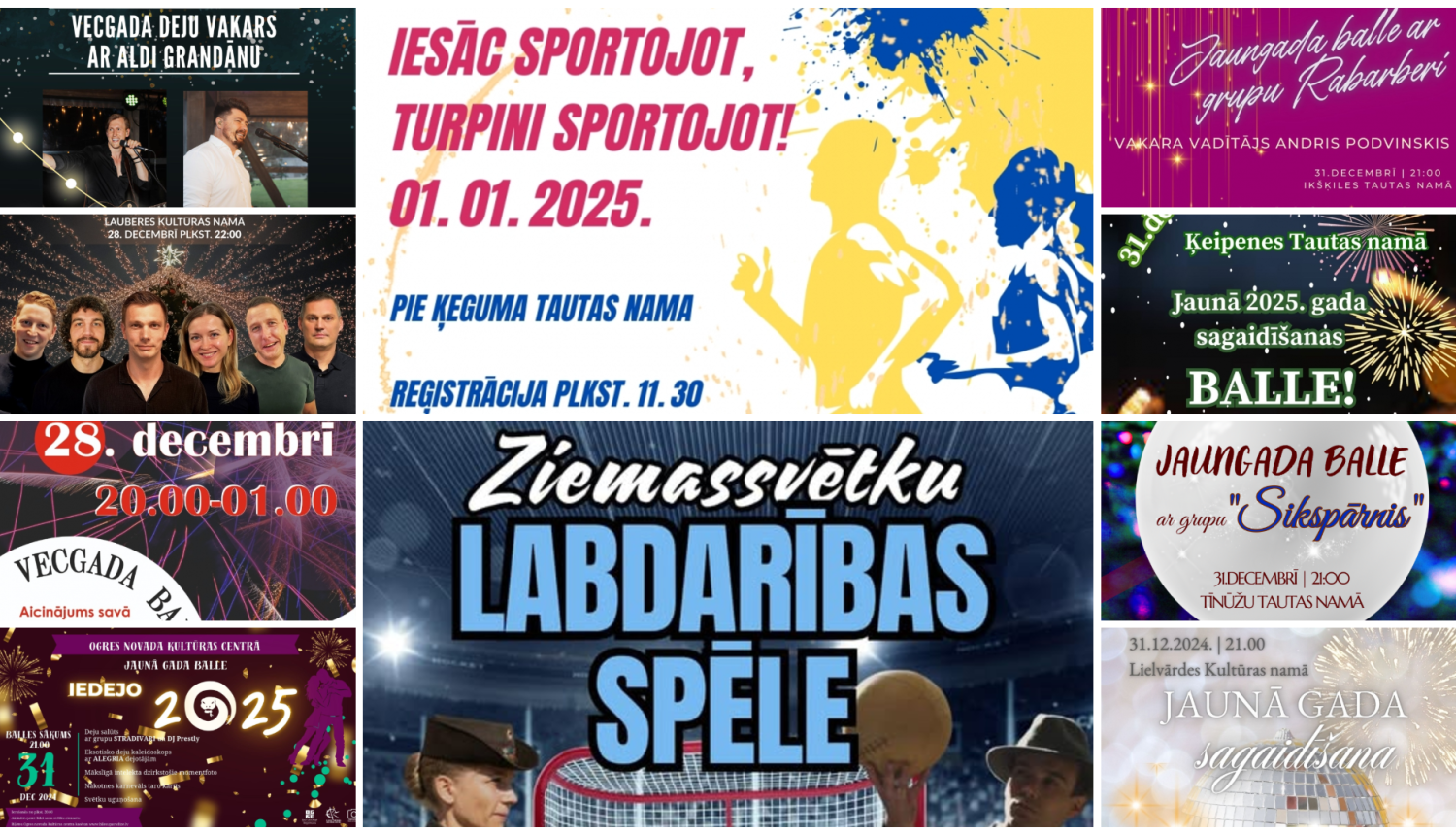 Svētku pasākumu afišu kolāža no 28.decembra līdz 1.janvārim