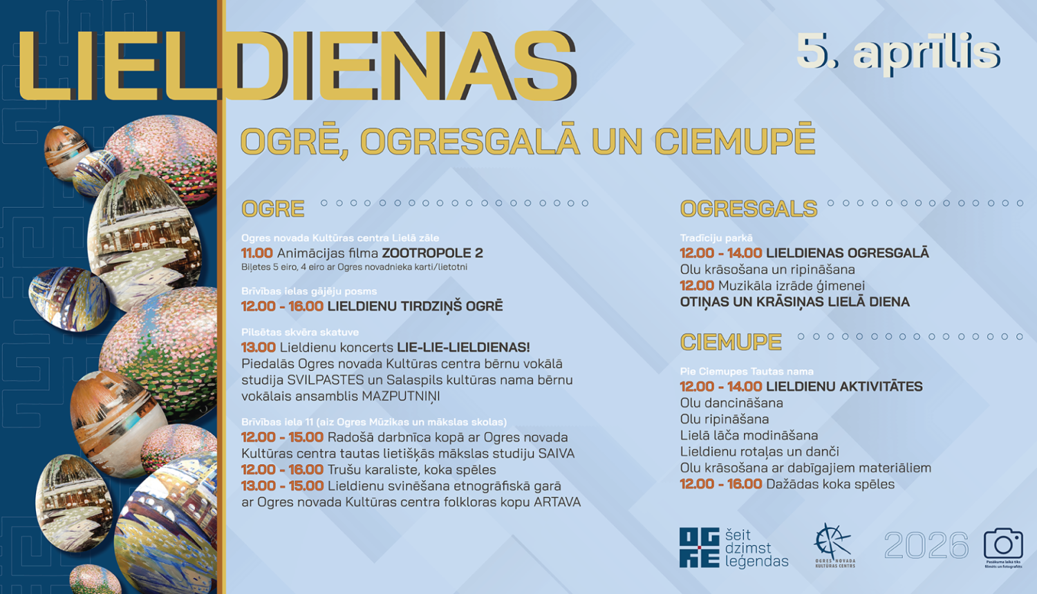 Lieldienu afiša pasākumiem Ogrē, Ogresgalā un Ciemupē. Attēla kreisā mala rotāta ar olām, kas krāsotas Purvīša gleznu motīvos
