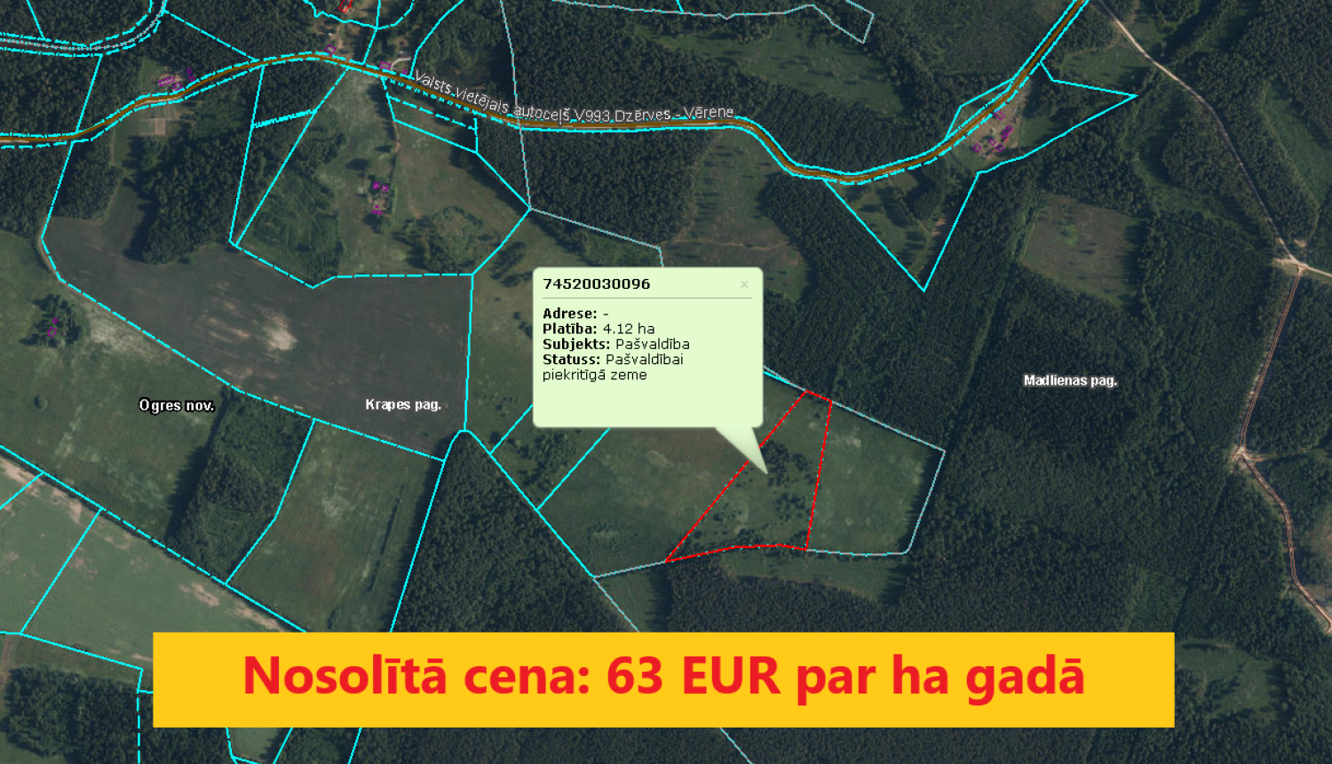 Zemes vienības ar kadastra apzīmējumu 7452 003 0096 Krapes pagastā, nomas tiesību izsole