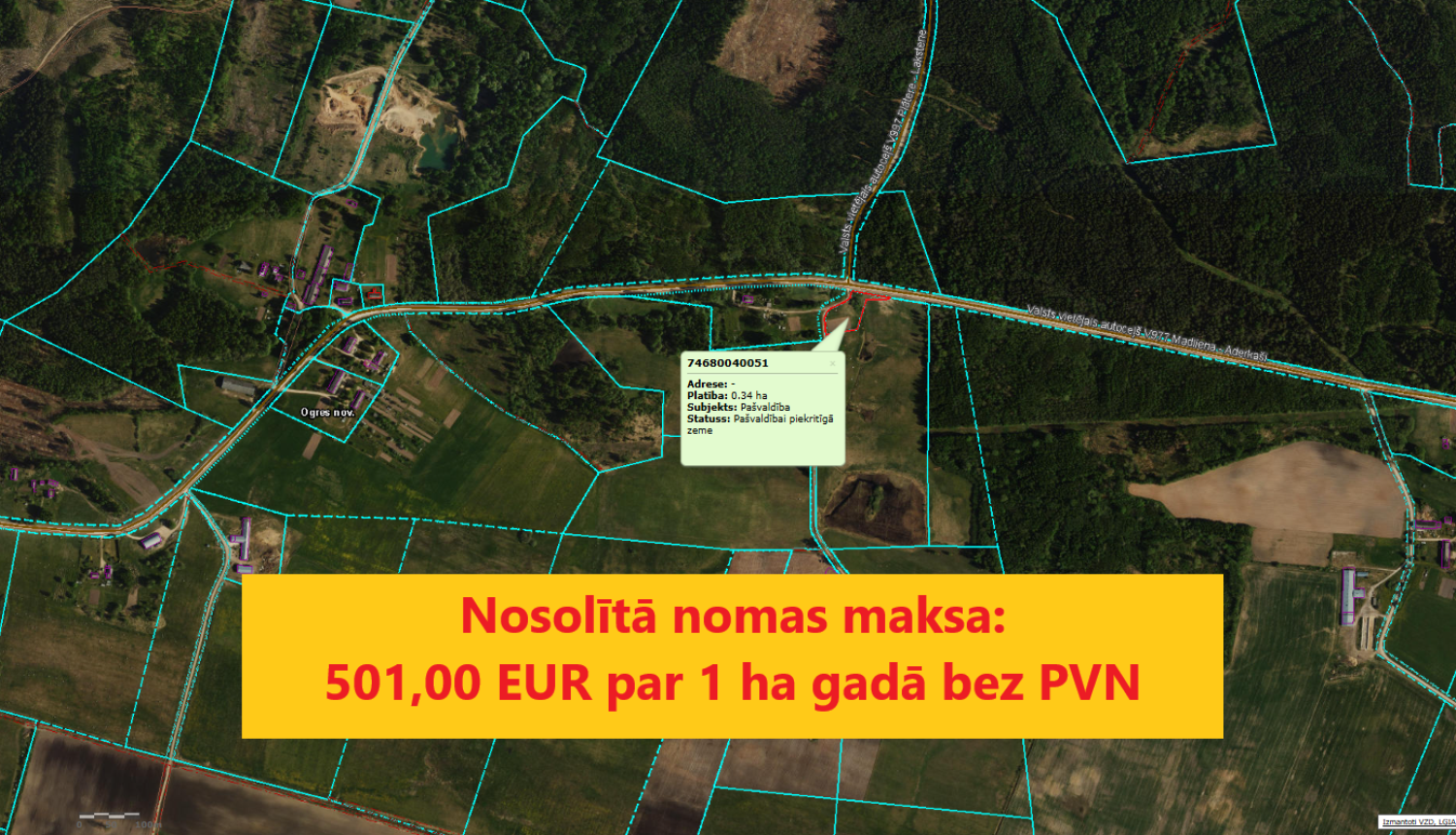 Izsoles rezultāts zemes vienībai Madlienā. Nosolītā nomas maksa 501 eiro par 1 hektāru gadā bez PVN