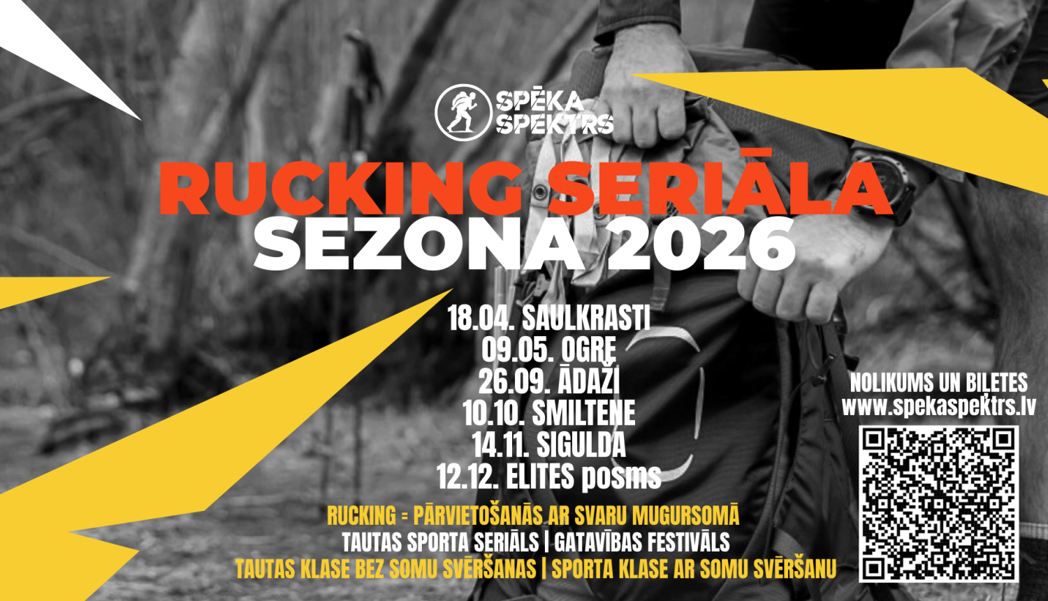 9. maijā Ogres Zilajos kalnos notiks SPĒKA SPEKTRS Rucking seriāla 2. posms, kurš apvieno vairākas aktivitātes vienviet - gan pārgājienu, gan tautas sportu, gan gatavības festivāla noskaņu starta un finiša zonā. Starta un finiša zona atradīsies pie Dubkalnu karjera, kur visas dienas garumā dalībniekus un apmeklētājus gaidīs ne tikai sportisks izaicinājums dabā, bet arī izglītojošas aktivitātes, konkursi un balvas. Ir paredzēti vēl vairāki citi posmi dažādās Latvijas pilsētās. 26. septembrī Ādažos, 10. oktob