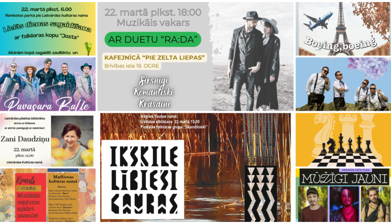 Nedēļas nogales pasākumu afišu kolāža